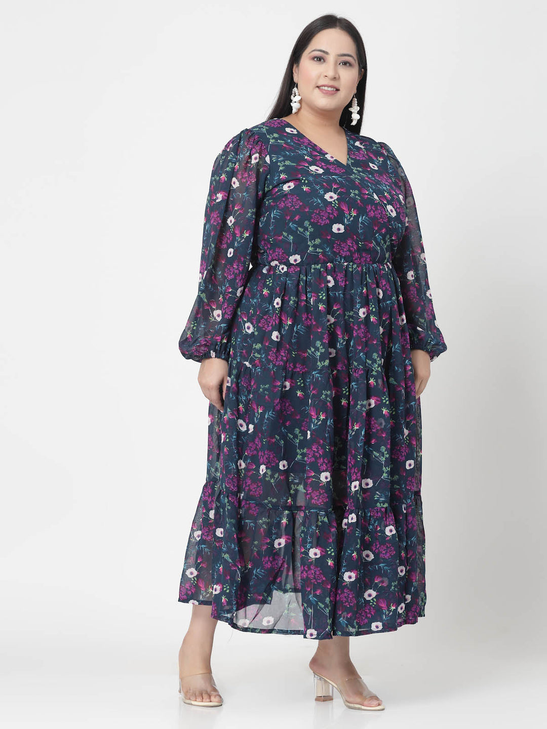 Plus Size  Navy Blue, Pink & White Floral Printed Puff Sleeves Fit & Flare Maxi Dress