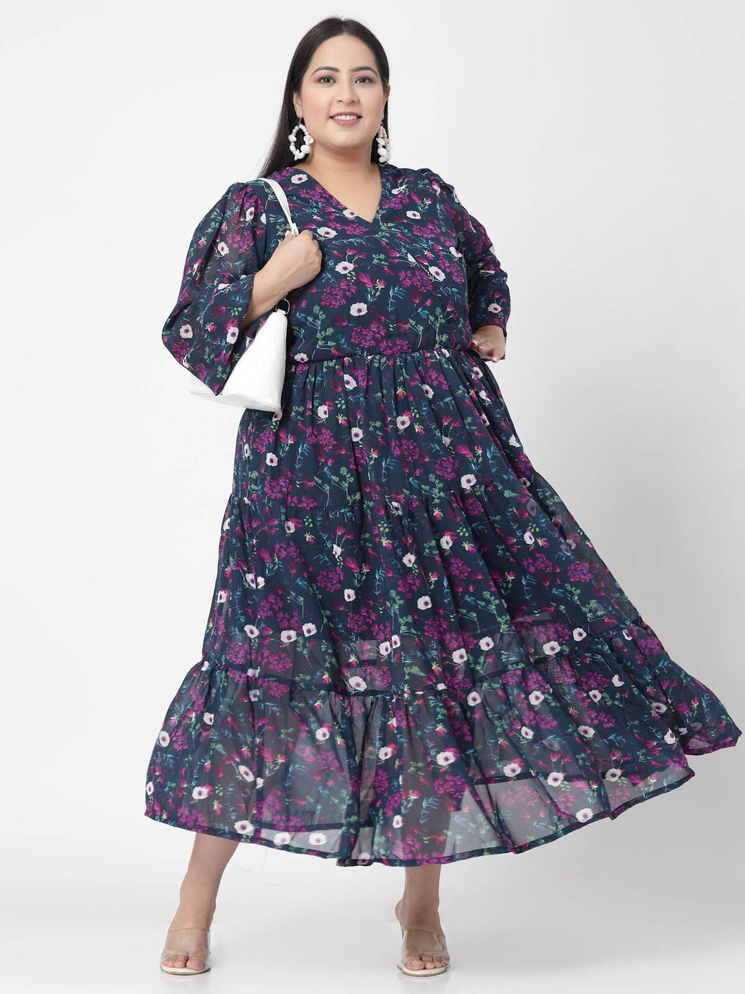 Plus Size  Navy Blue, Pink & White Floral Printed Puff Sleeves Fit & Flare Maxi Dress