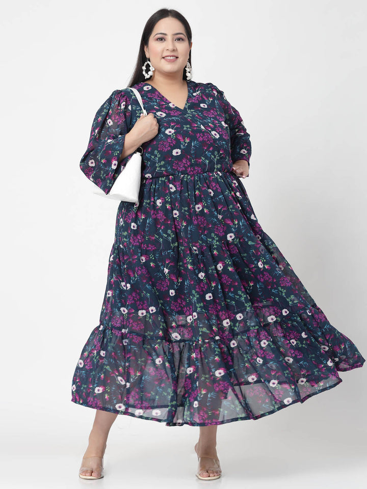Plus Size  Navy Blue, Pink & White Floral Printed Puff Sleeves Fit & Flare Maxi Dress
