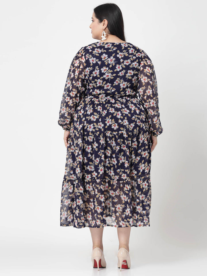 Plus Size  Floral Print V-Neck Fit & Flare Midi Dress