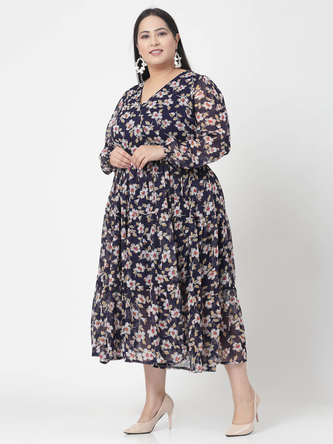 Plus Size  Floral Print V-Neck Fit & Flare Midi Dress