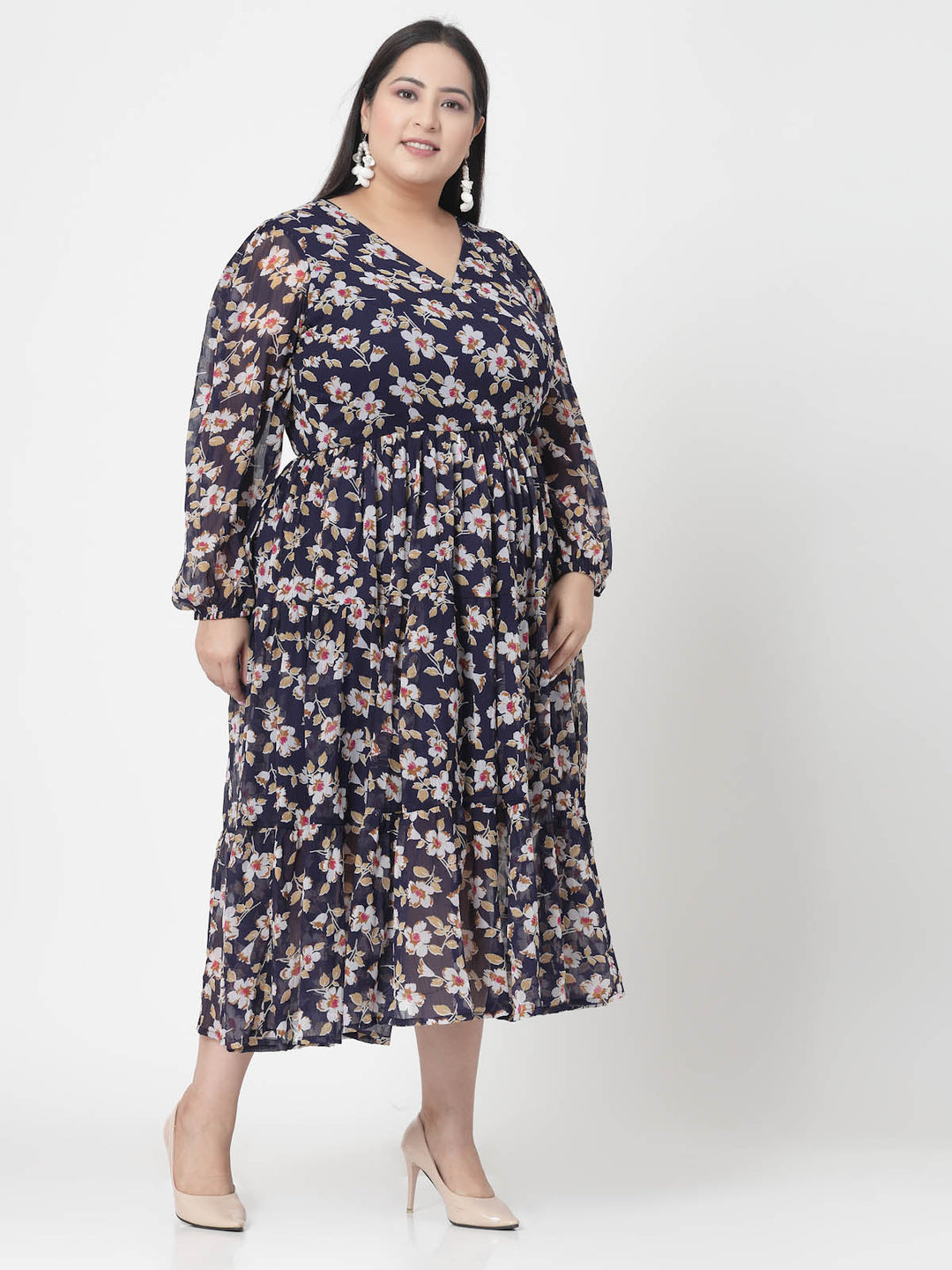 Plus Size  Floral Print V-Neck Fit & Flare Midi Dress