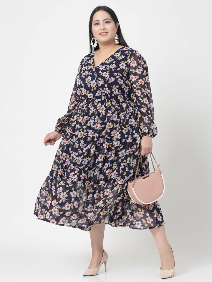 Plus Size  Floral Print V-Neck Fit & Flare Midi Dress