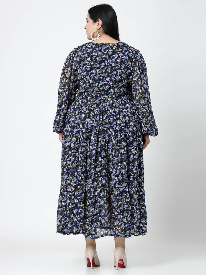 Plus Size Floral Printed Puffed Sleeves Maxi Dress