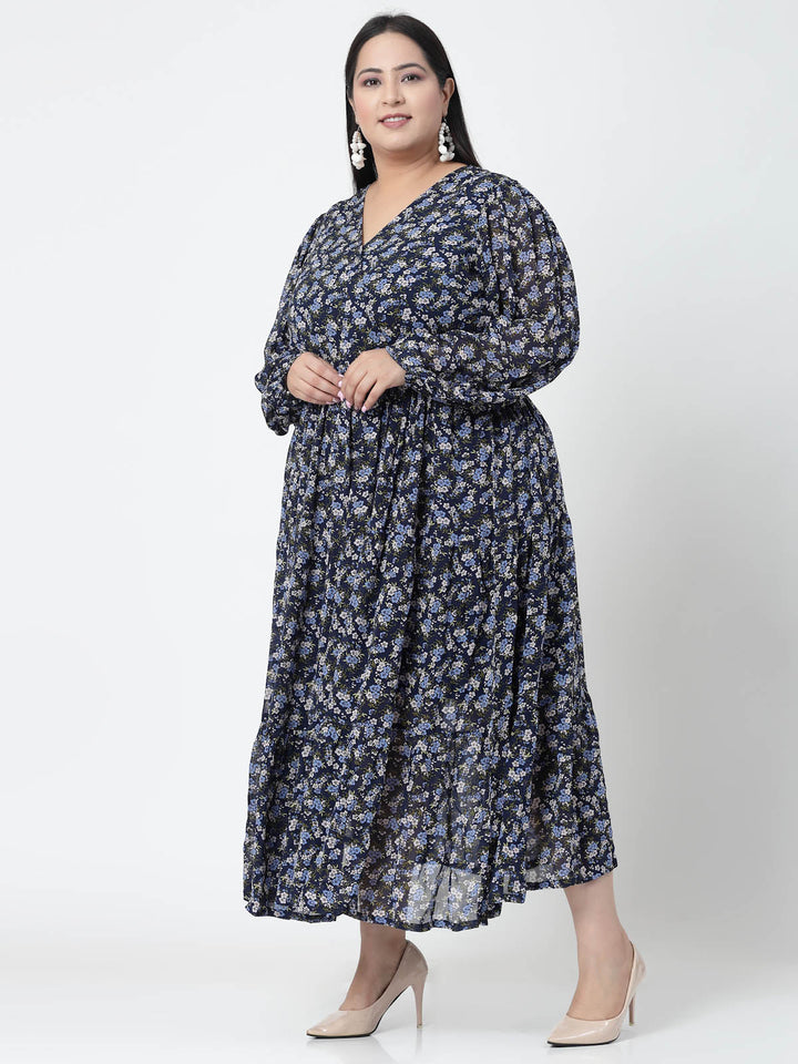 Plus Size Floral Printed Puffed Sleeves Maxi Dress