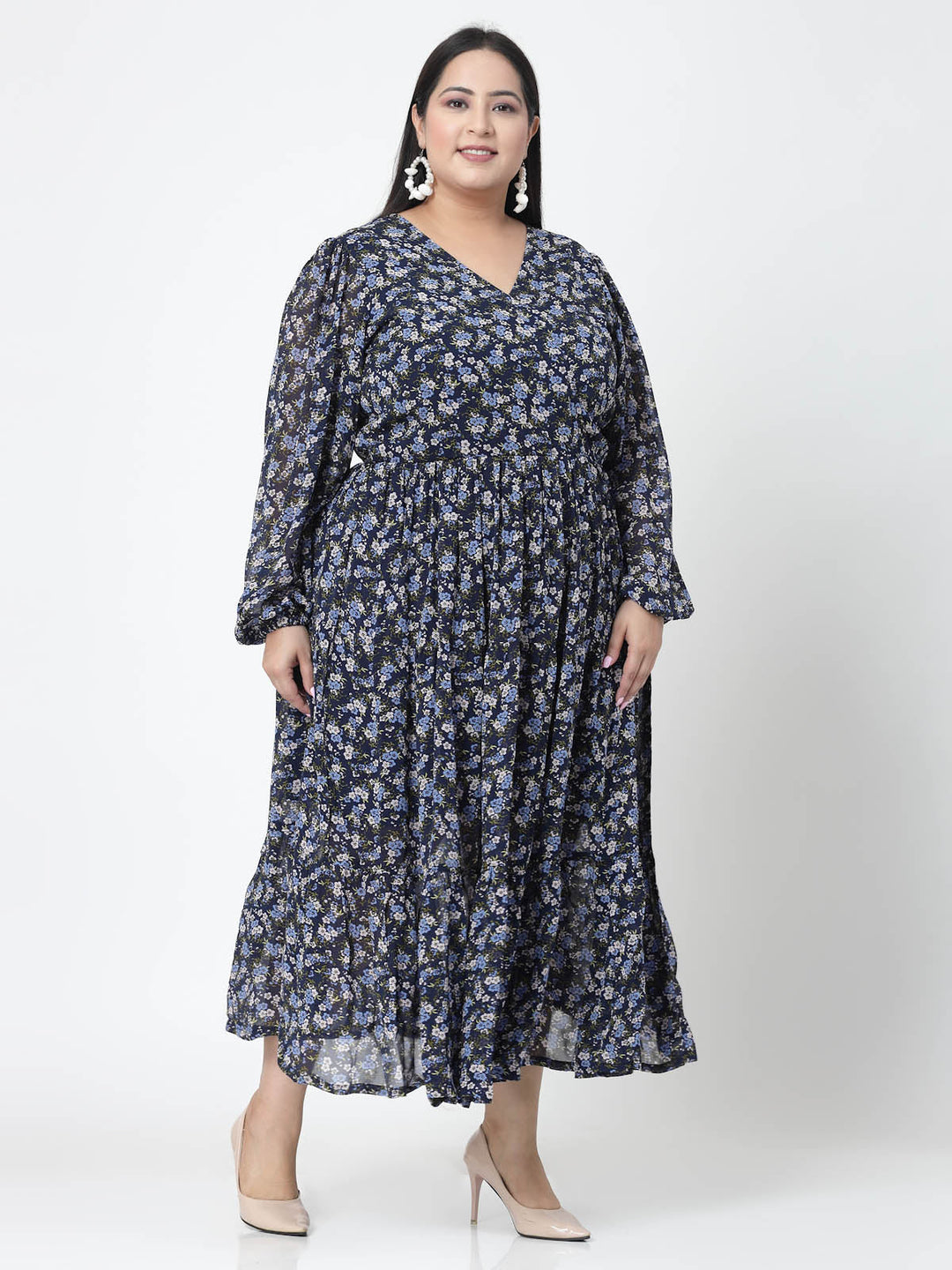 Plus Size Floral Printed Puffed Sleeves Maxi Dress