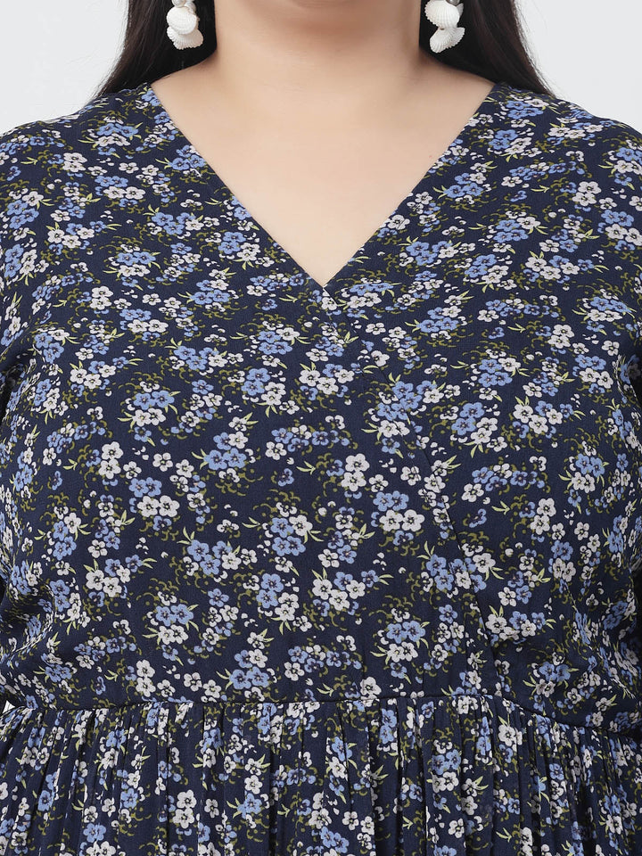 Plus Size Floral Printed Puffed Sleeves Maxi Dress