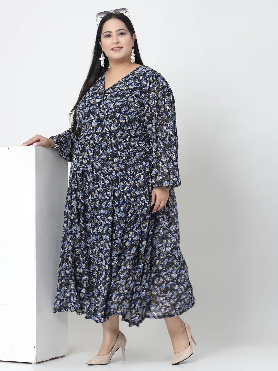 Plus Size Floral Printed Puffed Sleeves Maxi Dress