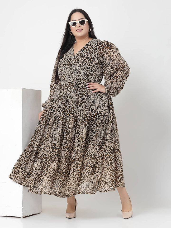 Plus Size  Brown & Beige Animal Printed V-Neck Puff Sleeve Fit & Flare Dress