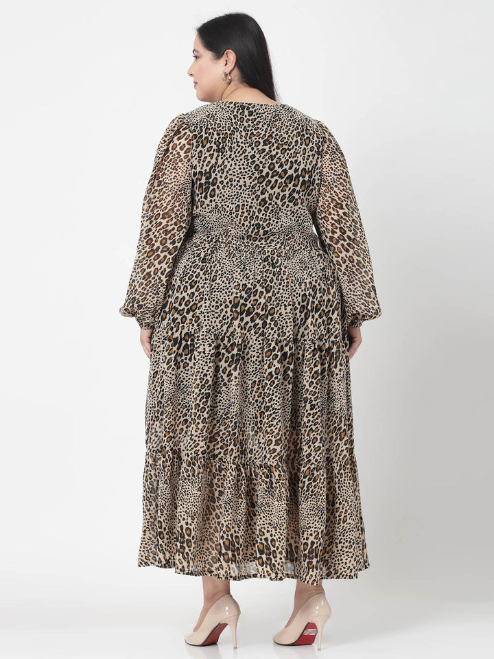 Plus Size  Brown & Beige Animal Printed V-Neck Puff Sleeve Fit & Flare Dress