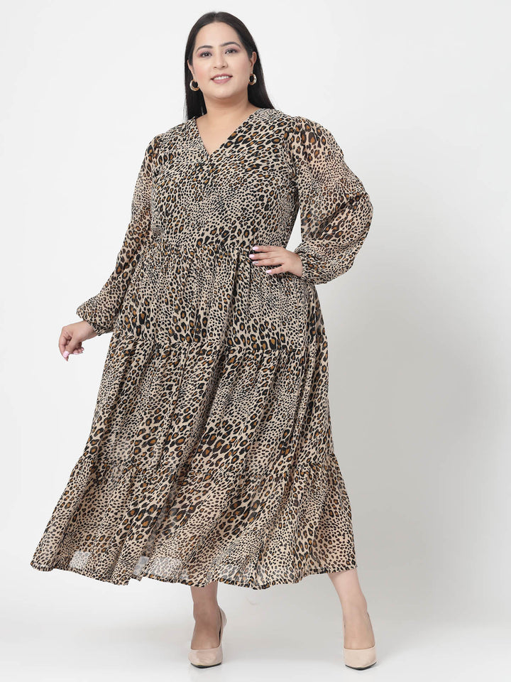 Plus Size  Brown & Beige Animal Printed V-Neck Puff Sleeve Fit & Flare Dress