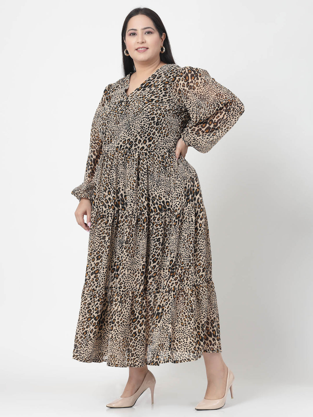 Plus Size  Brown & Beige Animal Printed V-Neck Puff Sleeve Fit & Flare Dress