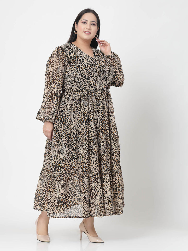 Plus Size  Brown & Beige Animal Printed V-Neck Puff Sleeve Fit & Flare Dress