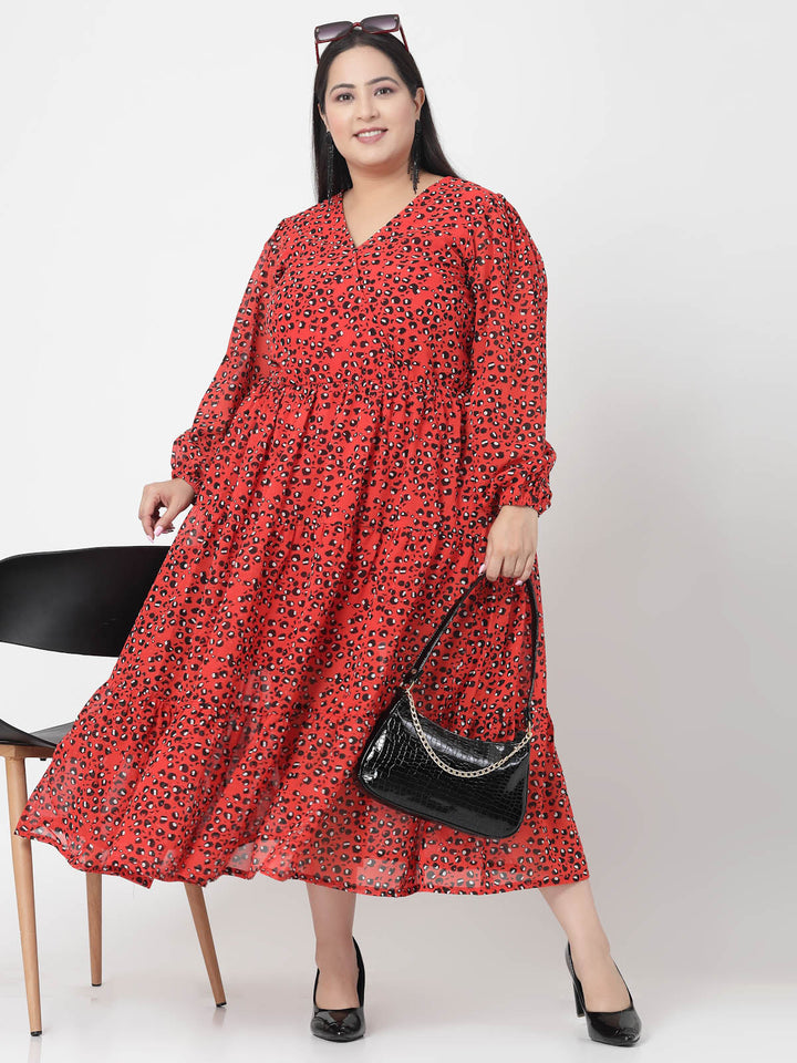 Plus Size  Orange & Black Abstract Printed V-Neck Puff Sleeves Fit & Flare Dress