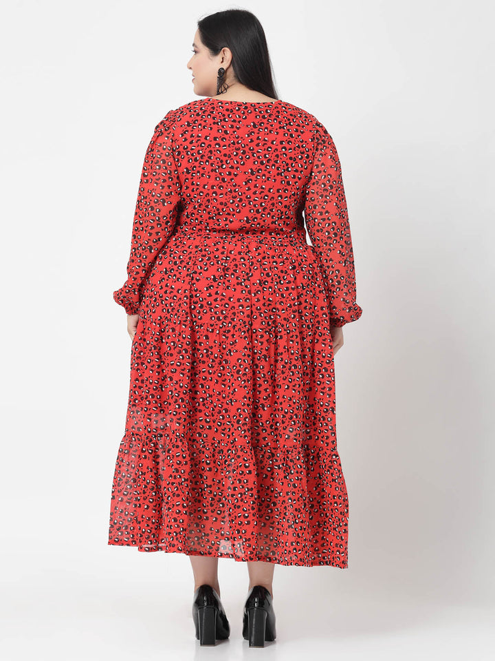 Plus Size  Orange & Black Abstract Printed V-Neck Puff Sleeves Fit & Flare Dress