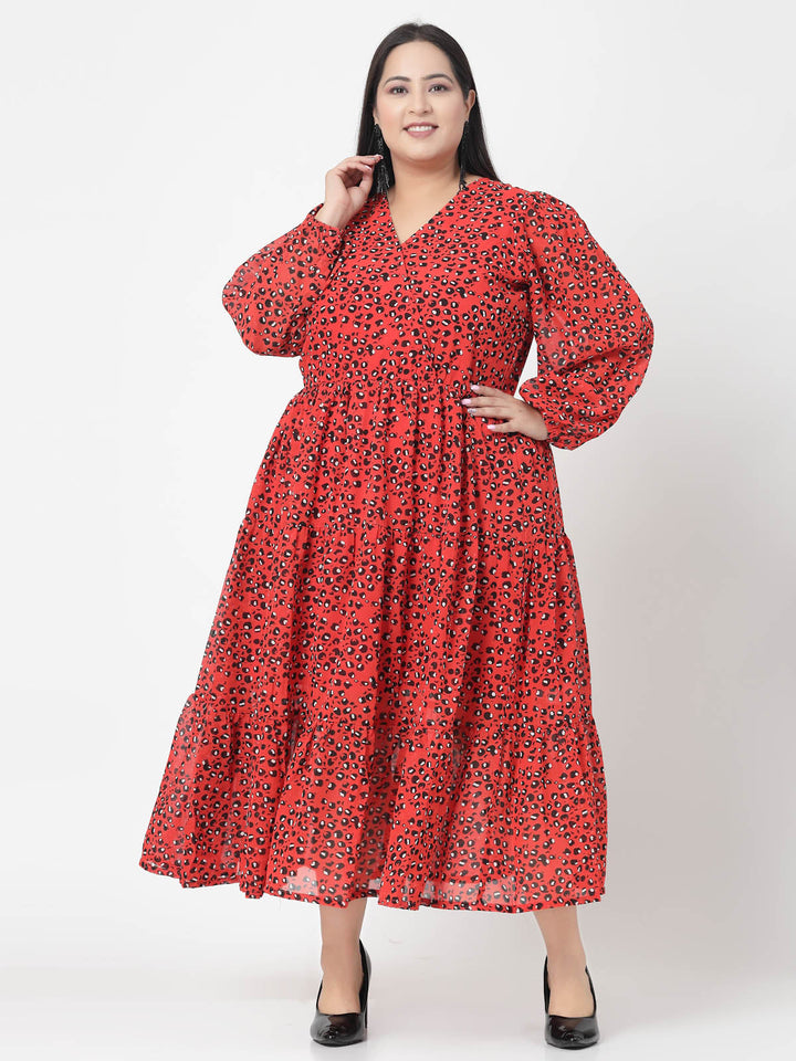 Plus Size  Orange & Black Abstract Printed V-Neck Puff Sleeves Fit & Flare Dress