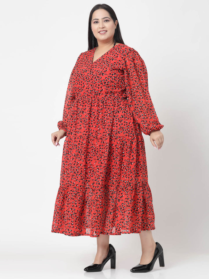 Plus Size  Orange & Black Abstract Printed V-Neck Puff Sleeves Fit & Flare Dress