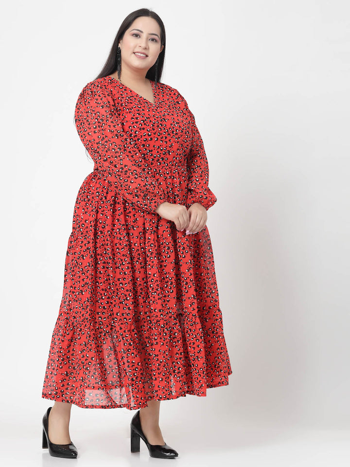 Plus Size  Orange & Black Abstract Printed V-Neck Puff Sleeves Fit & Flare Dress