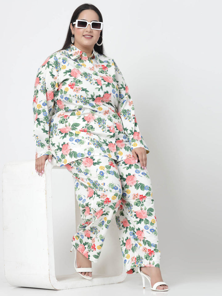 Plus Size  White Floral Printed Shirt & Trousers
