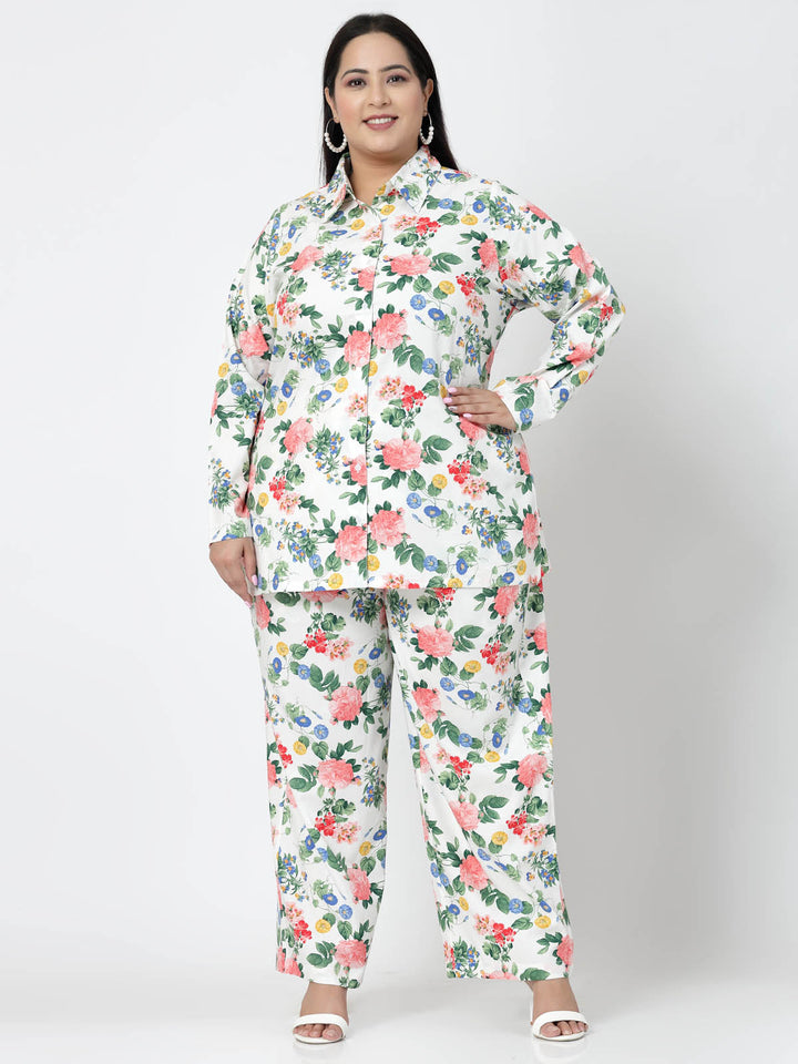 Plus Size  White Floral Printed Shirt & Trousers