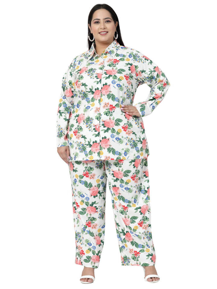 Plus Size  White Floral Printed Shirt & Trousers