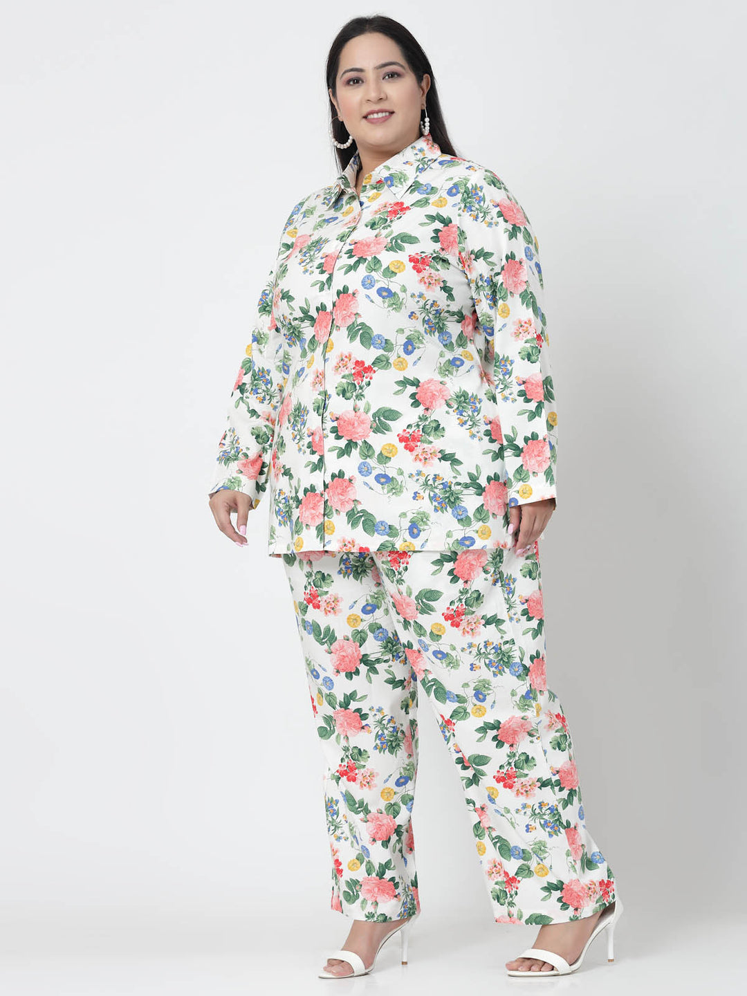 Plus Size  White Floral Printed Shirt & Trousers