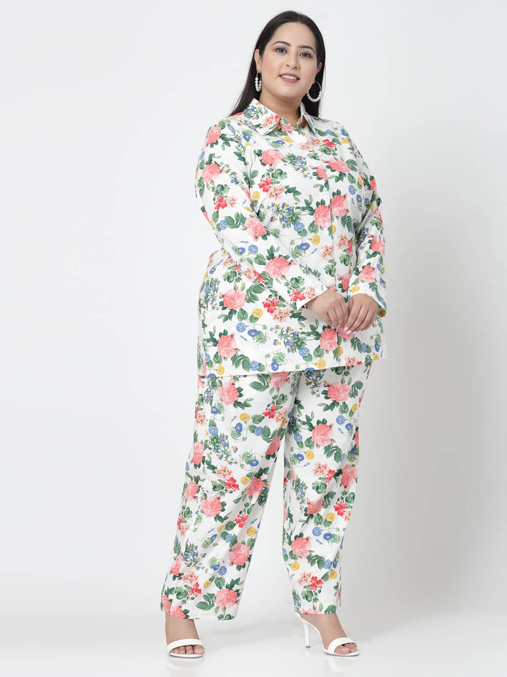 Plus Size  White Floral Printed Shirt & Trousers