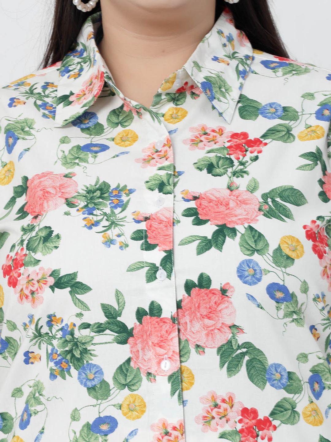 Plus Size  White Floral Printed Shirt & Trousers