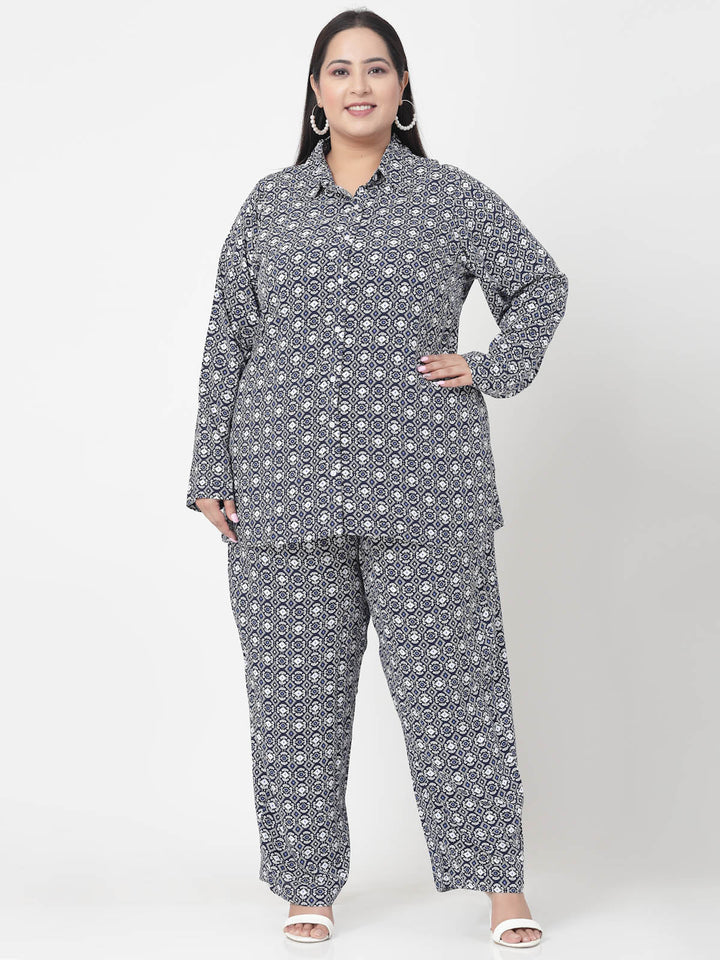 Plus Size  Abstract Printed Shirt & Trousers