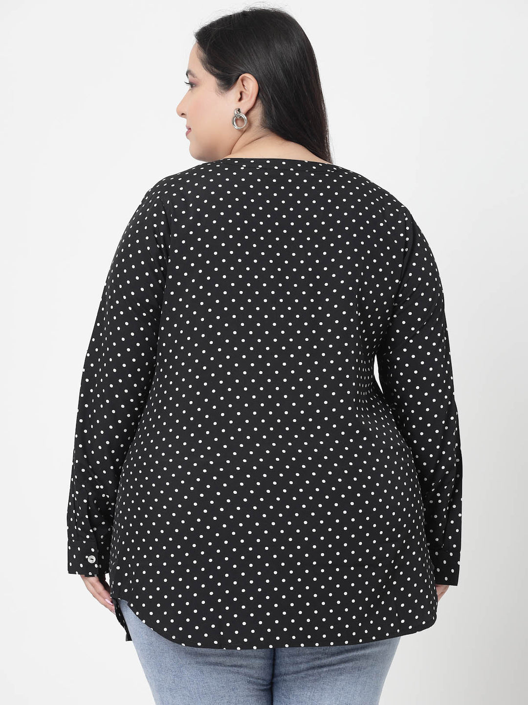 Plus Size Black  Polka Dots Printed Longline Top