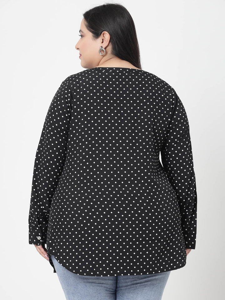 Plus Size Black  Polka Dots Printed Longline Top