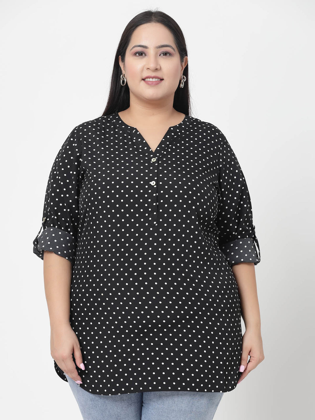 Plus Size Black  Polka Dots Printed Longline Top