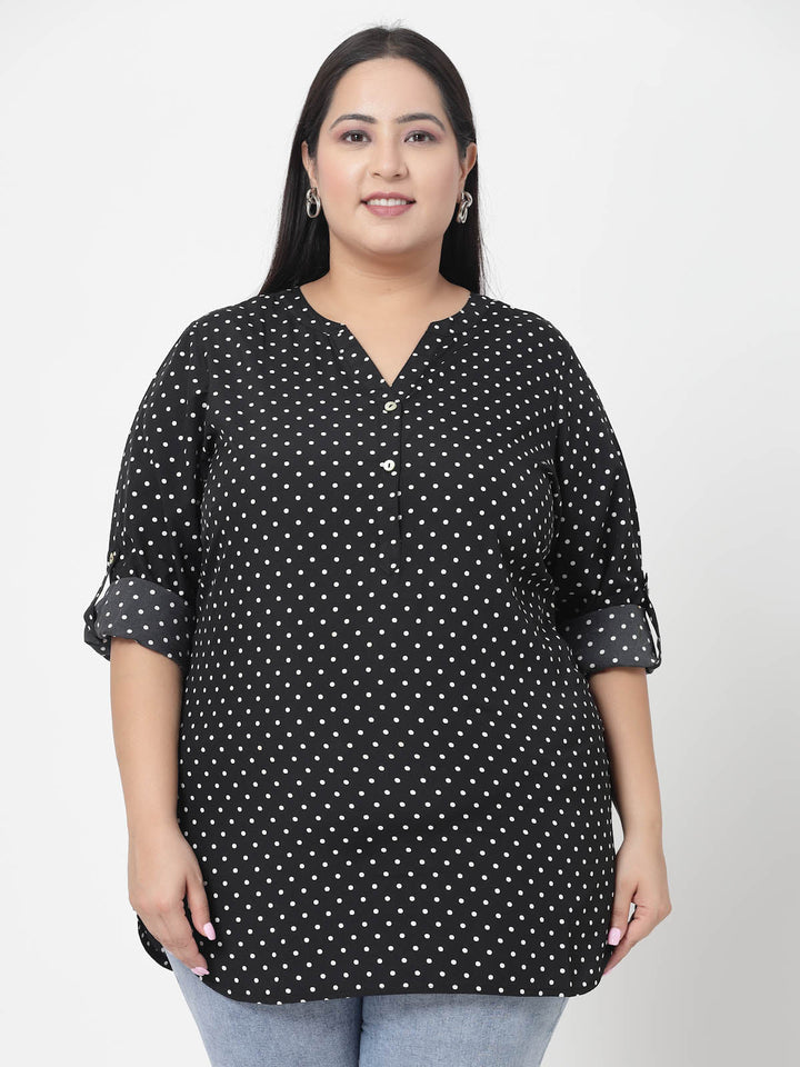 Plus Size Black  Polka Dots Printed Longline Top