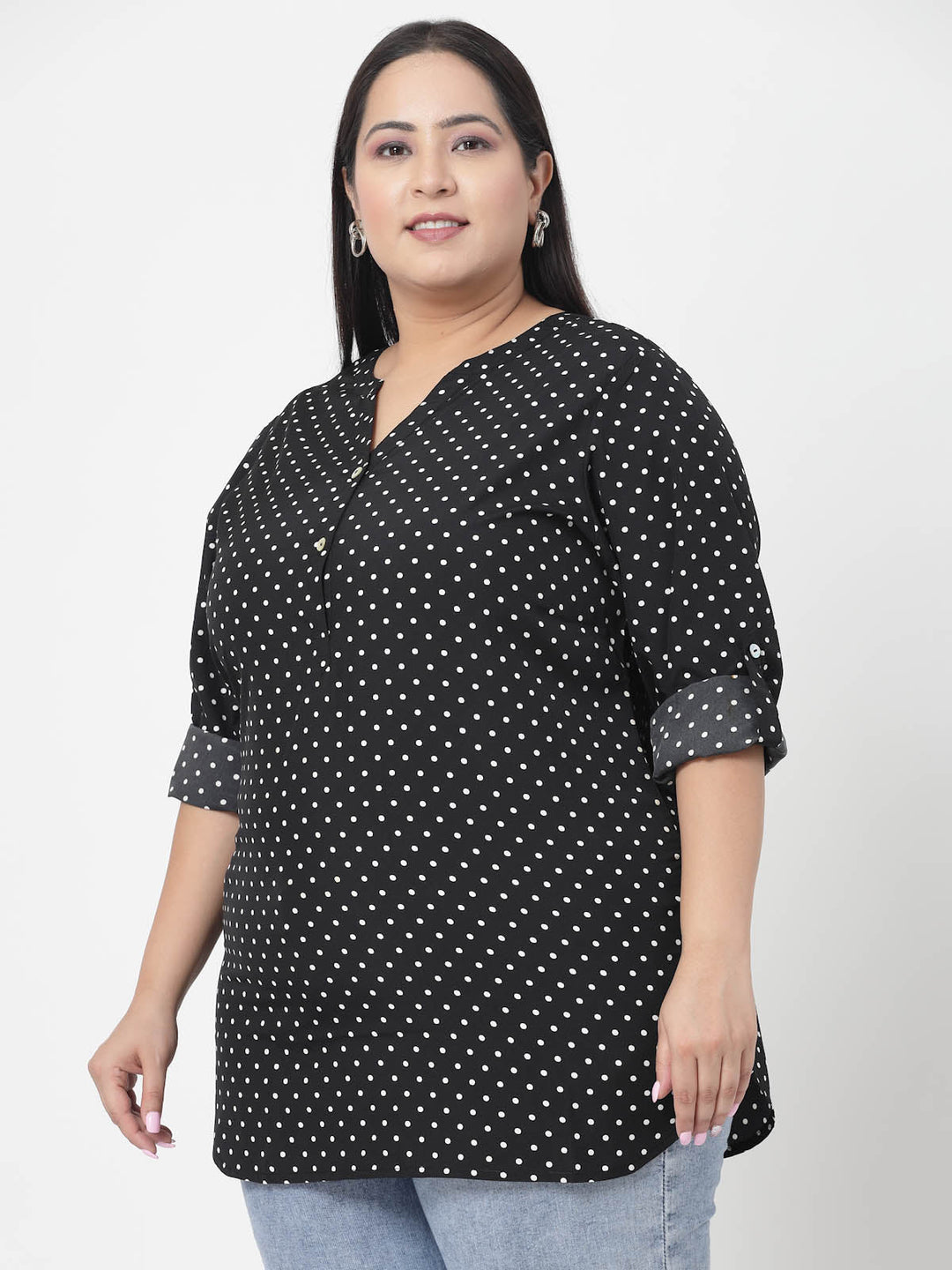 Plus Size Black  Polka Dots Printed Longline Top