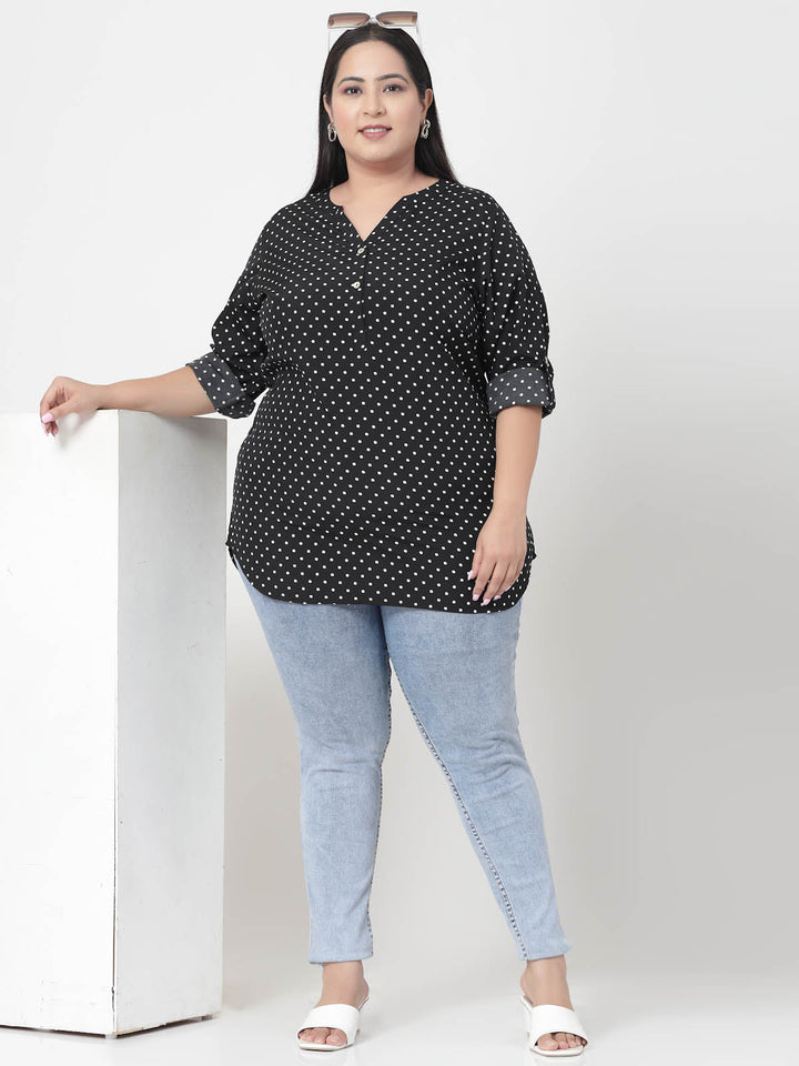 Plus Size Black  Polka Dots Printed Longline Top