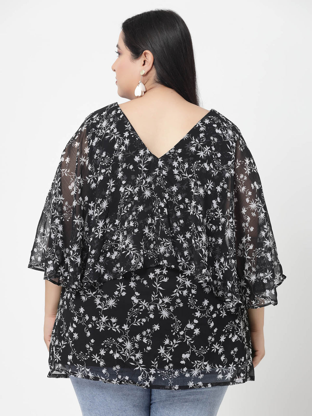 Plus Size Floral Printed V-Neck Flared Sleeves Top