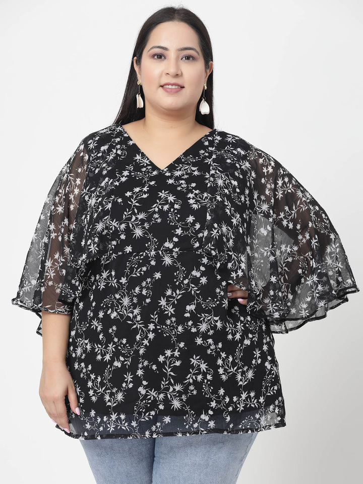 Plus Size Floral Printed V-Neck Flared Sleeves Top