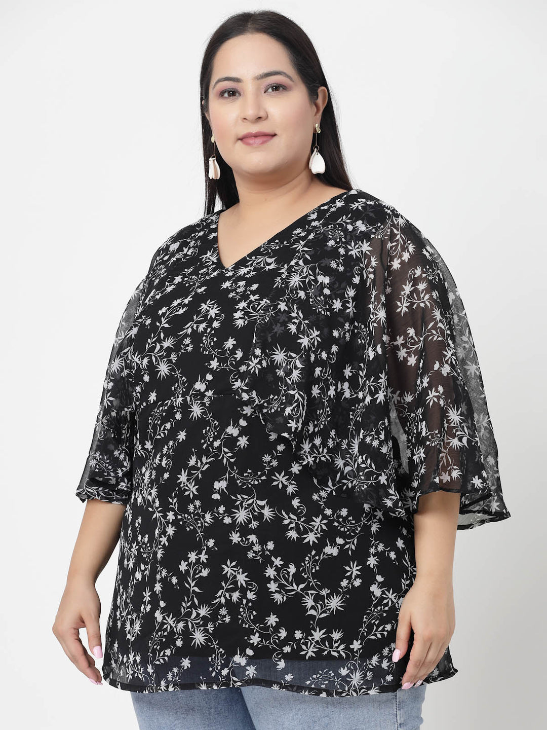 Plus Size Floral Printed V-Neck Flared Sleeves Top