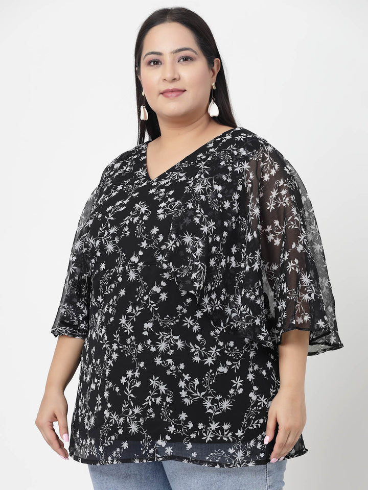 Plus Size Floral Printed V-Neck Flared Sleeves Top
