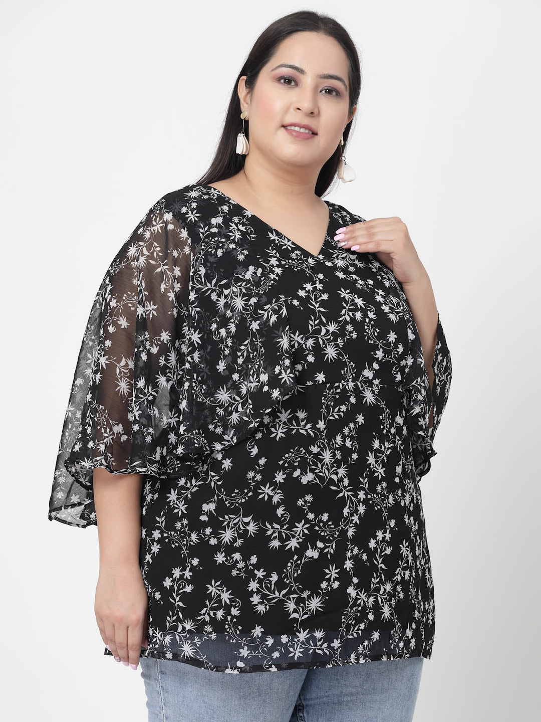 Plus Size Floral Printed V-Neck Flared Sleeves Top