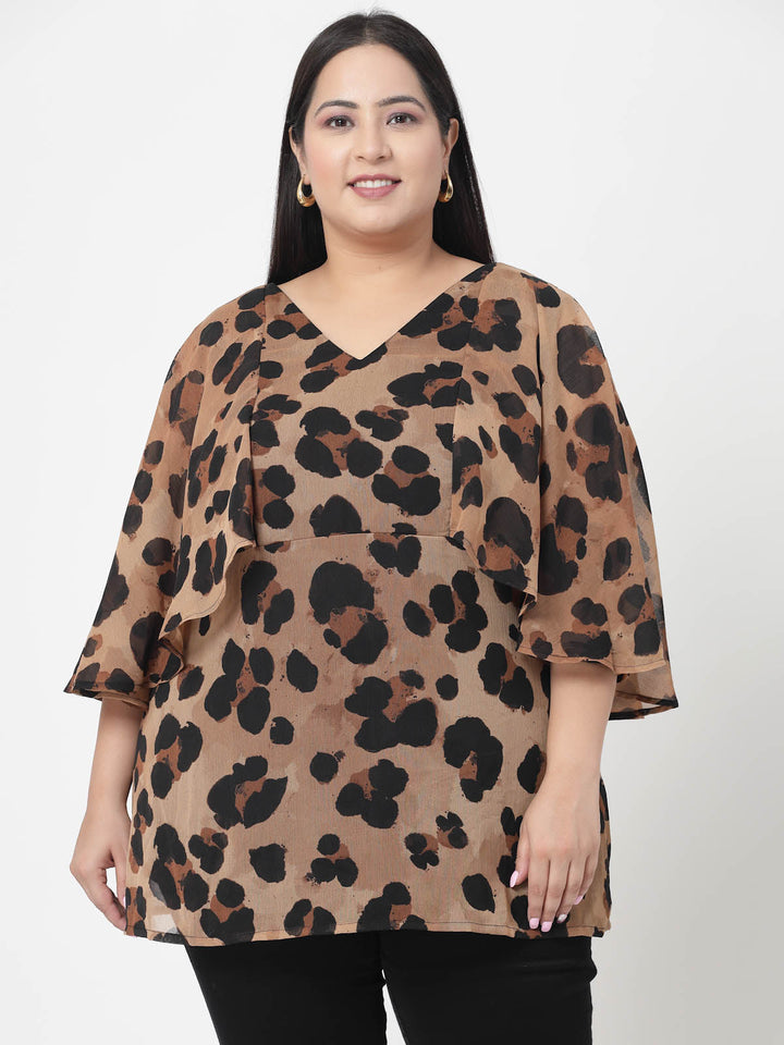 Plus Size Women  Animal Printed Flared Sleeve Styled Back Top