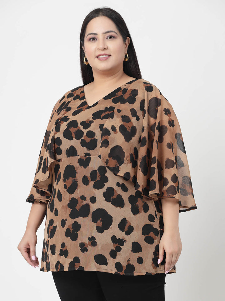Plus Size Women  Animal Printed Flared Sleeve Styled Back Top