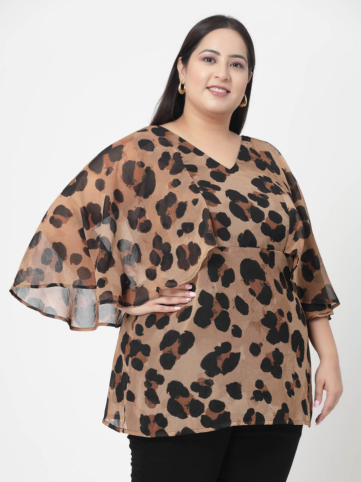 Plus Size Women  Animal Printed Flared Sleeve Styled Back Top