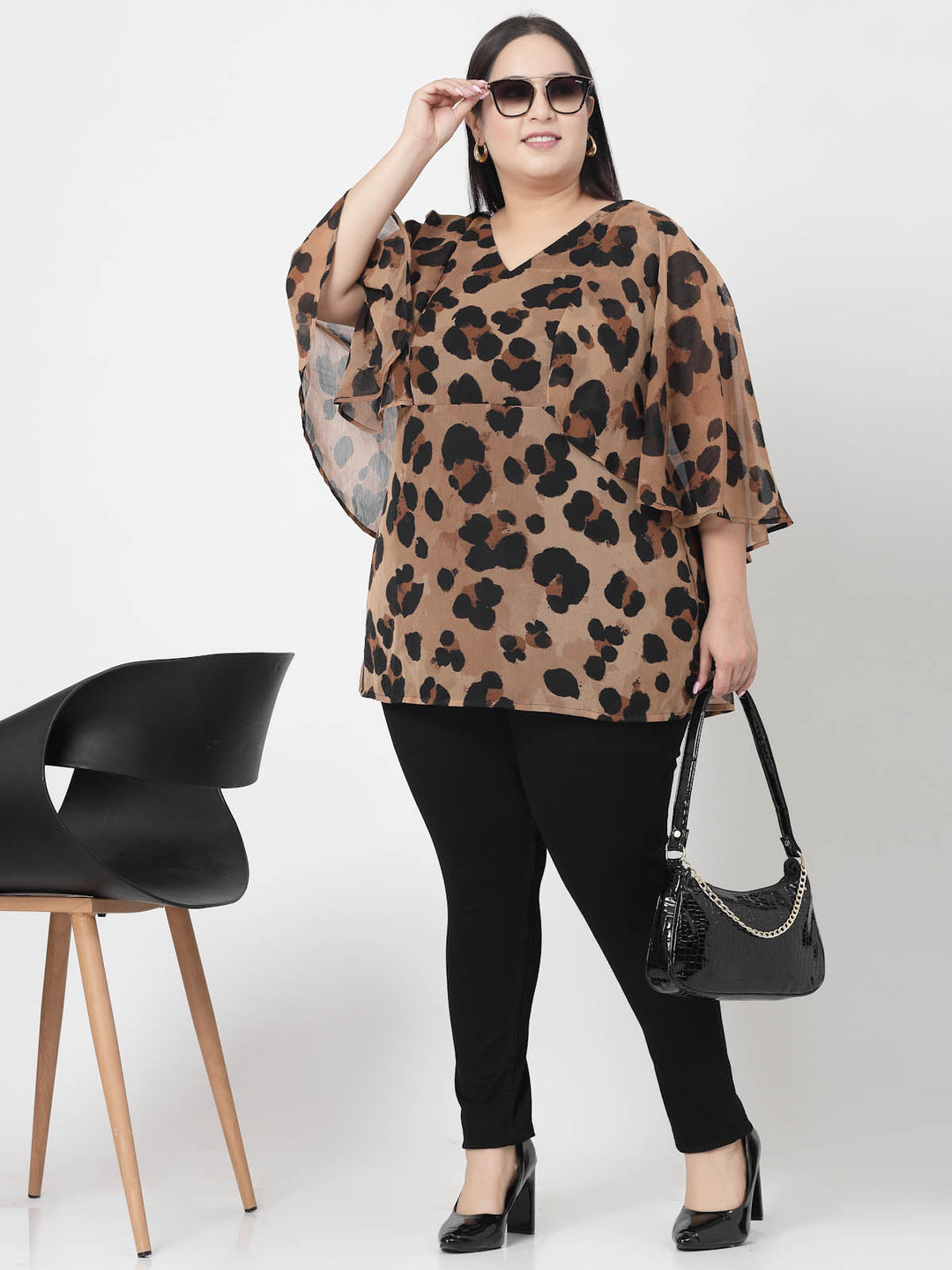 Plus Size Women  Animal Printed Flared Sleeve Styled Back Top