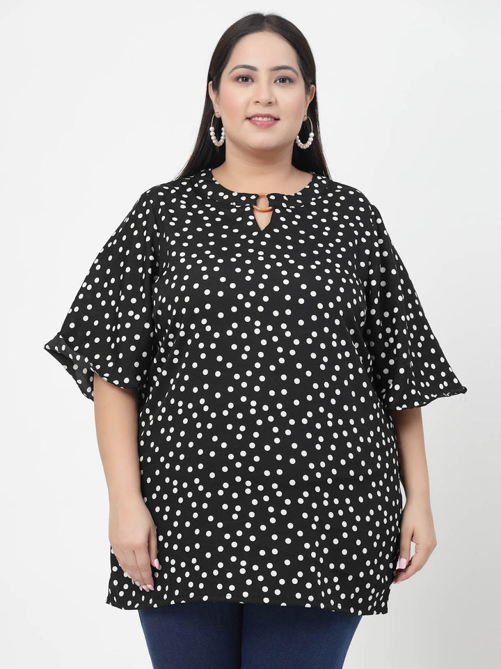 Plus Size Polka Dot Printed Flared Sleeves Top