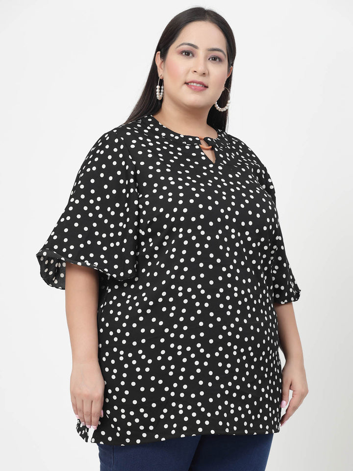 Plus Size Polka Dot Printed Flared Sleeves Top