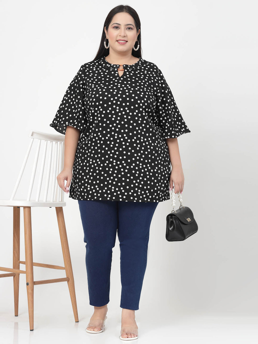 Plus Size Polka Dot Printed Flared Sleeves Top