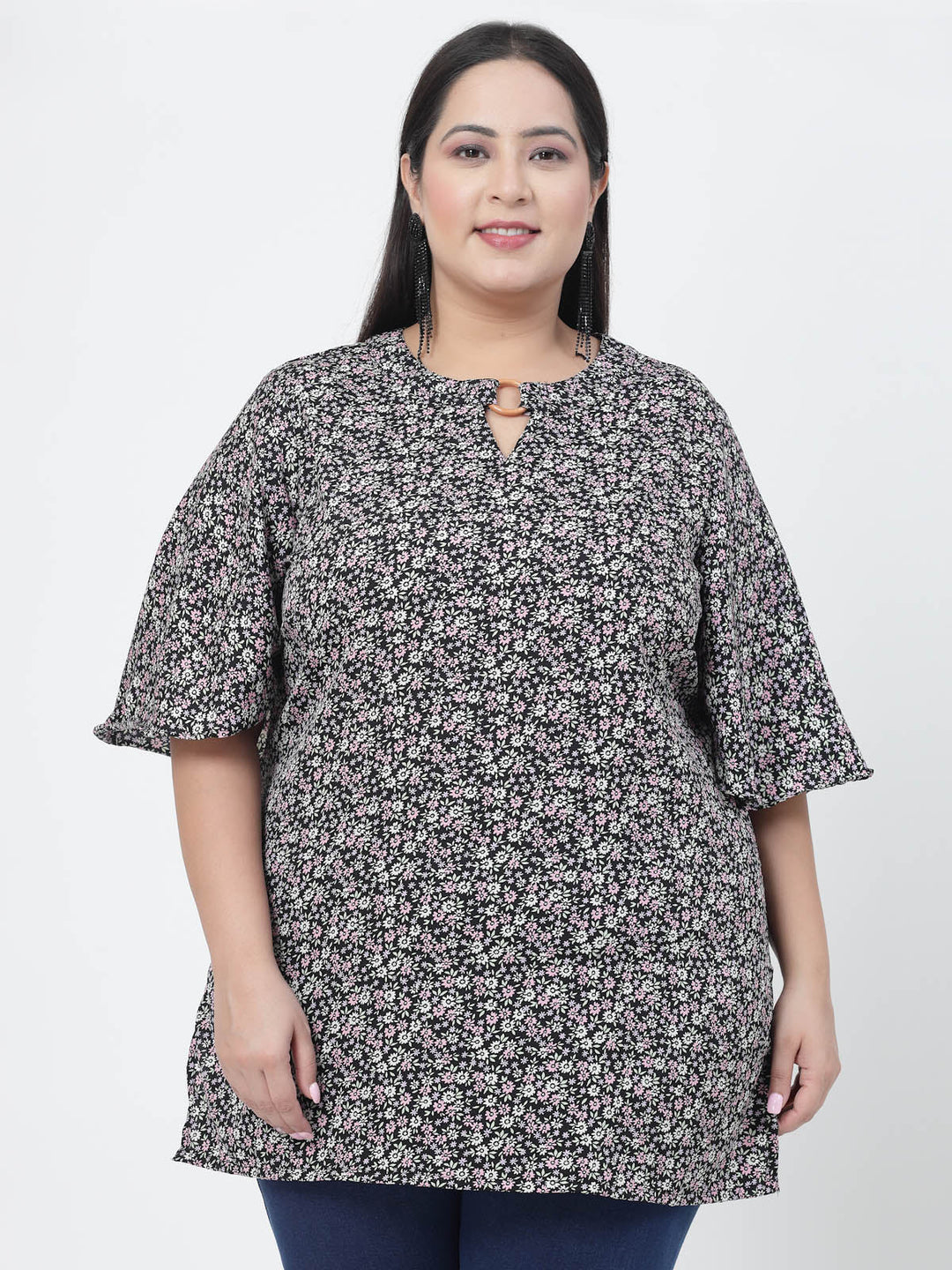 Plus Size Floral Printed Flared Sleeves Top