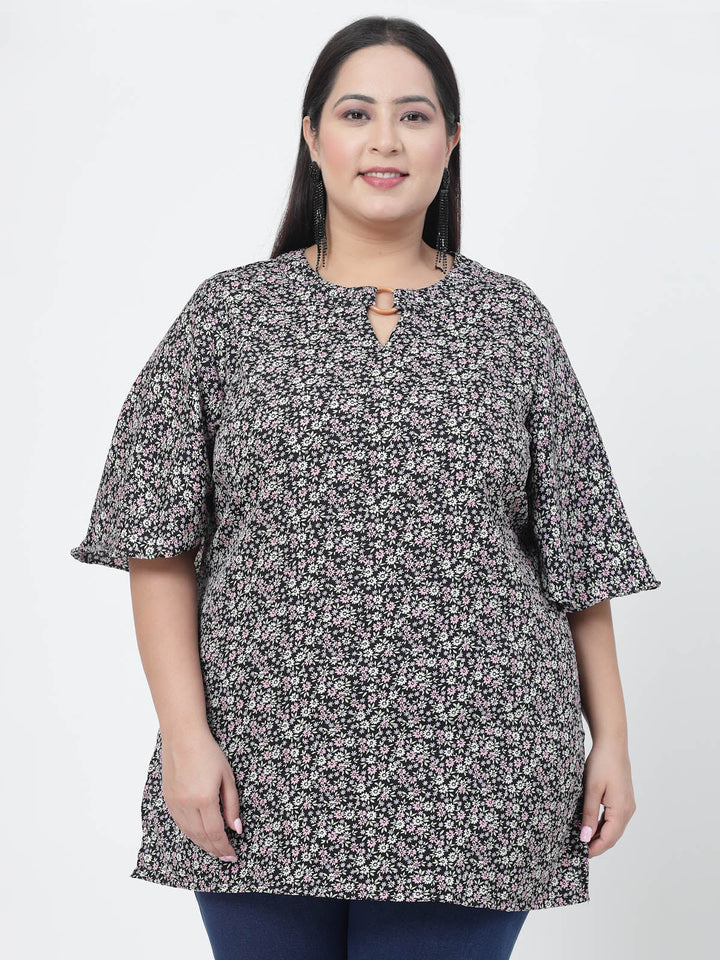 Plus Size Floral Printed Flared Sleeves Top