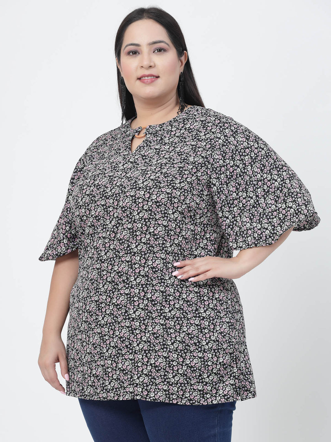 Plus Size Floral Printed Flared Sleeves Top